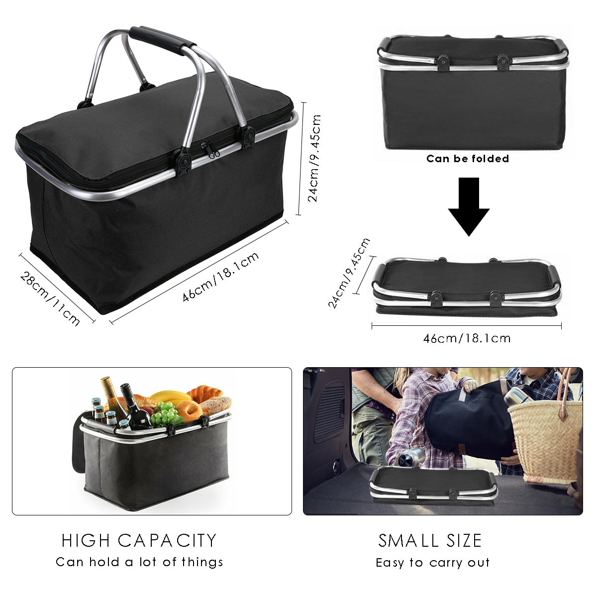 Folding Picnic Camping Basket Insulated Shopping Cooler Home Camping Storage Basket - 30L