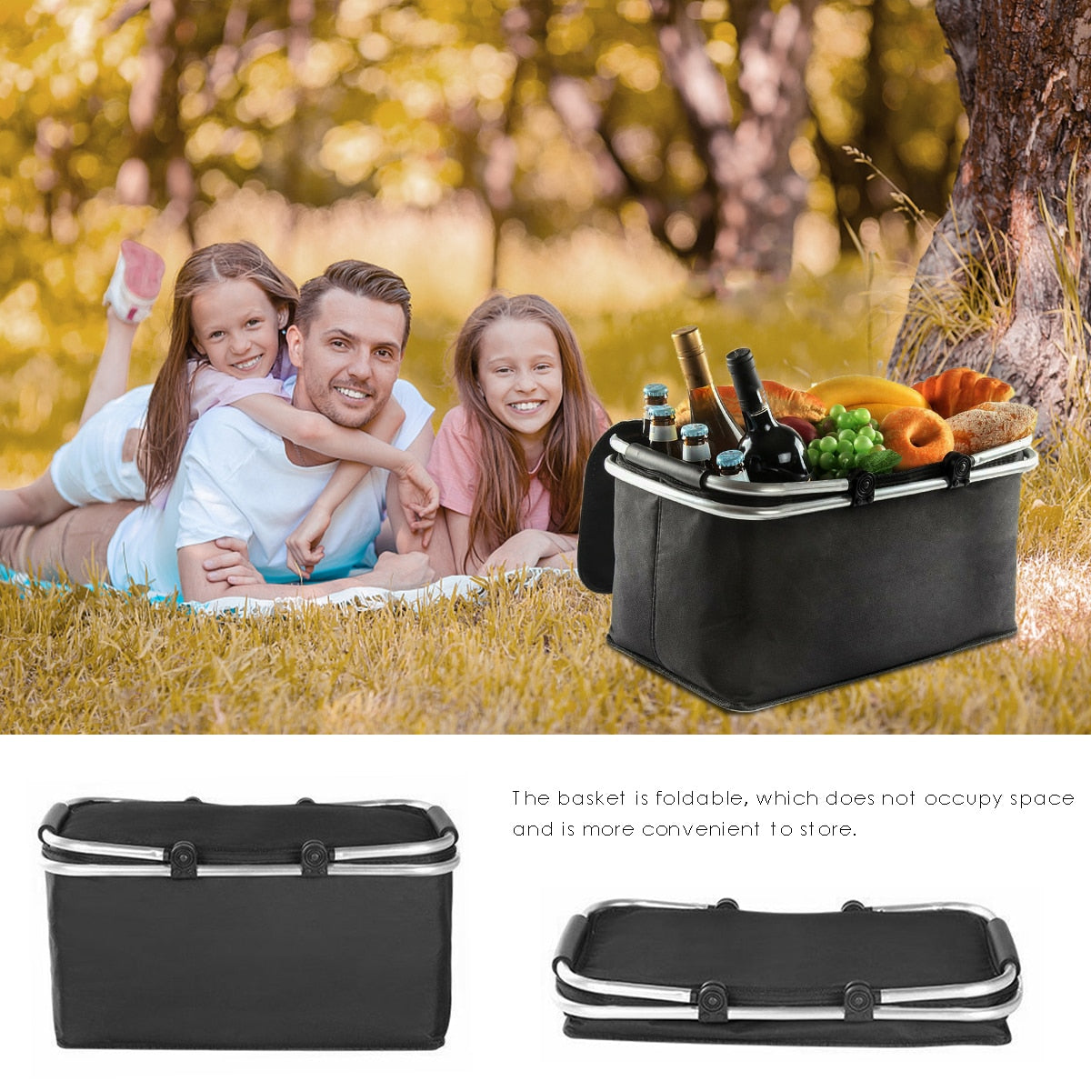 Folding Picnic Camping Basket Insulated Shopping Cooler Home Camping Storage Basket - 30L