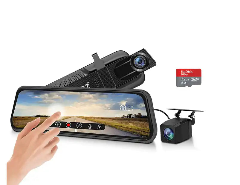 Dash Cam 10" Rearview Mirror 1080P Full Touch Screen - 32GB Card