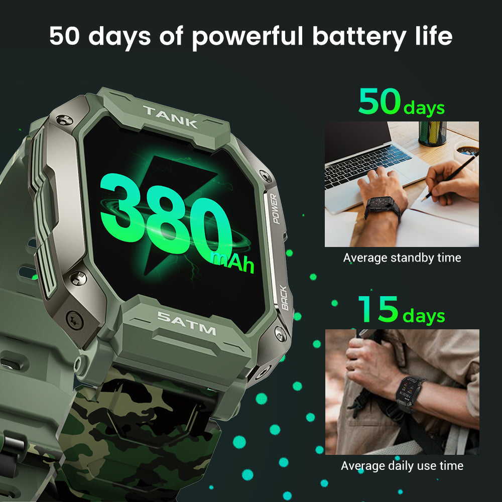 Rugged M1 Outdoor Smartwatch, Blood Pressure, 5ATM IP69K Waterproof, Bluetooth Smartwatch For Men